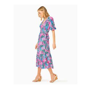 NEW!!🩵Lilly Pulitzer Brantley Midi Wrap Dress Oyster Bay Navy Always Be Blooming